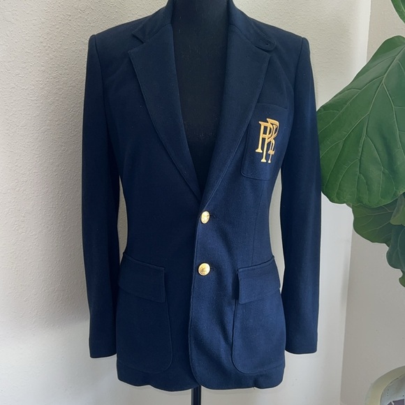 Ralph Lauren Polo Women's Navy Blue Single Breasted Blazer Gold PRL Crest Size 8 - Picture 1 of 15